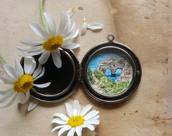 Locket with Place of engagement, Algarve Portugal magic place, miniature painting original, first anniversary gift