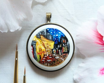 Porcelain necklace with Cafe Terrace Vincent van Gogh, handpainted ceramic jewelry, impressionism gift for fine art lover