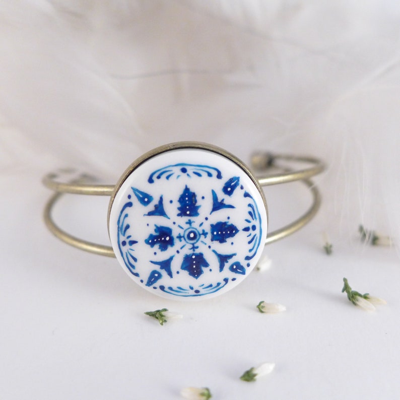 Hand-painted porcelain bracelet with Azulejo, Portuguese tiles style, summer ceramic jewelry , handmade jewelry, gift for boho lover zdjęcie 5