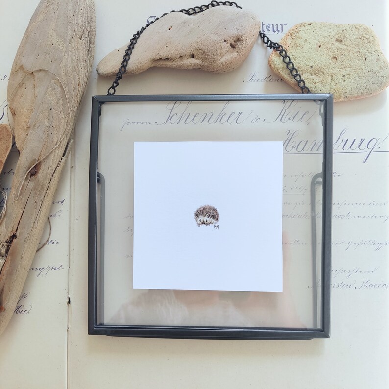 Watercolor miniature with cute Hedgehog, tiny gift for best friend, framed home decor zdjęcie 9