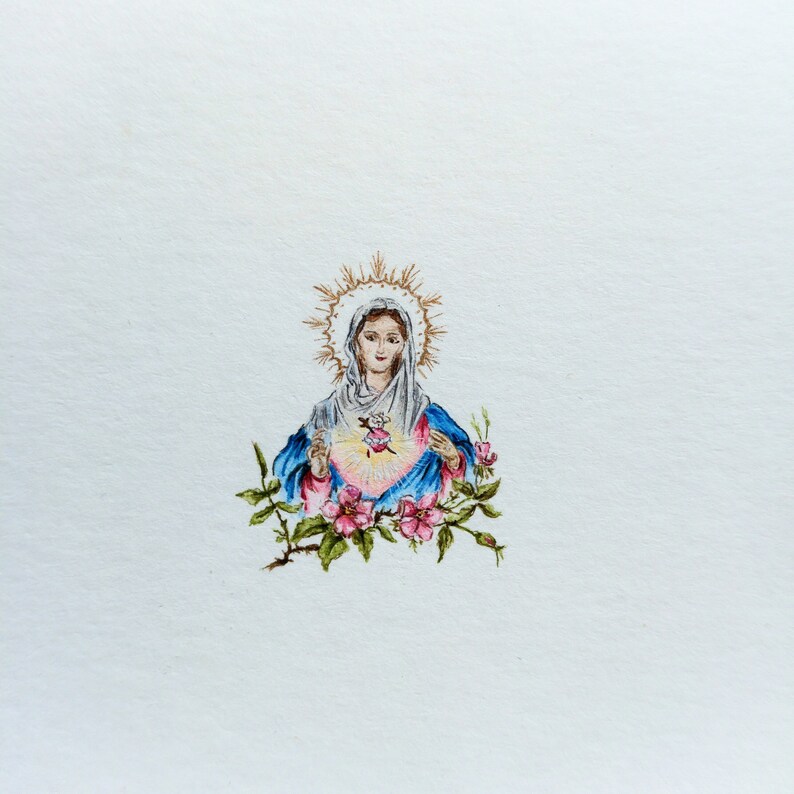 Miniature painting with Heart of Mary, hand painted illustration with Mother of God, watercolor tiny gift, religious wall decor, holly gift zdjęcie 2