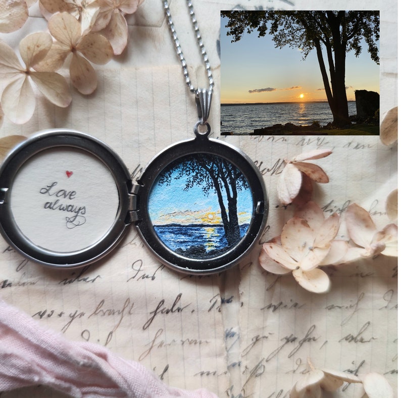 Personalized locket, Original painting necklace with place of engagement, first anniversary gift, pattern from your photo, gift for wife
