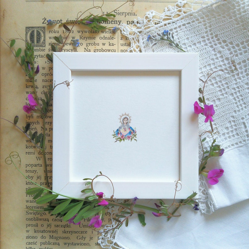 Miniature painting with Heart of Mary, hand painted illustration with Mother of God, watercolor tiny gift, religious wall decor, holly gift zdjęcie 1