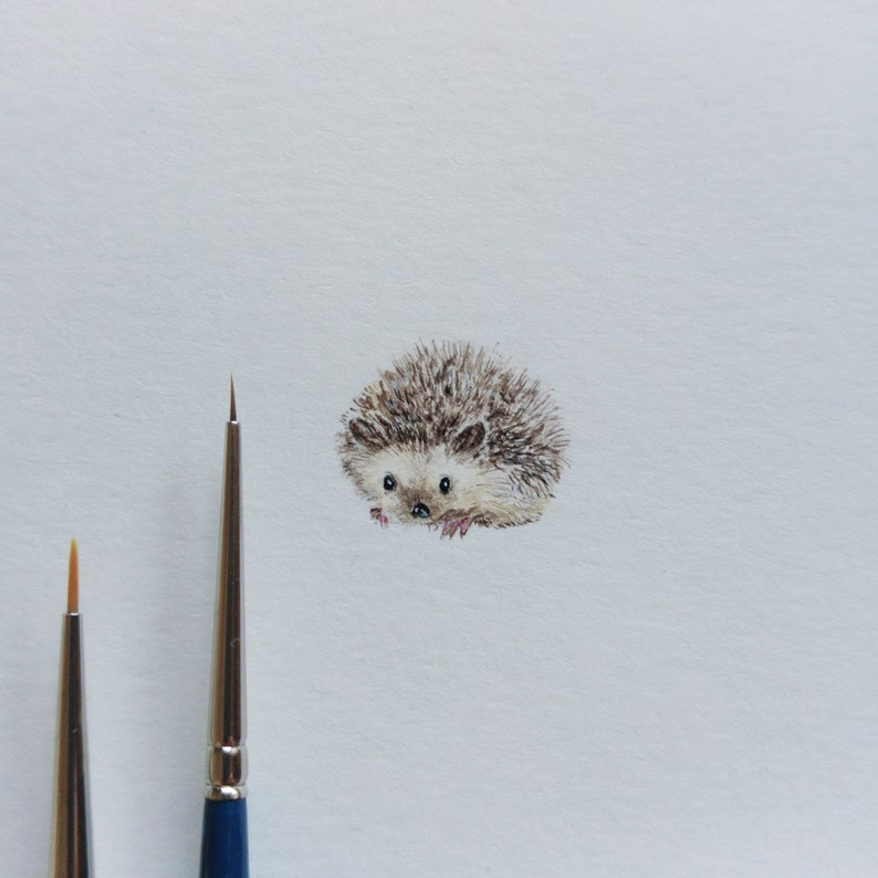 Watercolor miniature with cute Hedgehog, tiny gift for best friend, framed home decor zdjęcie 4