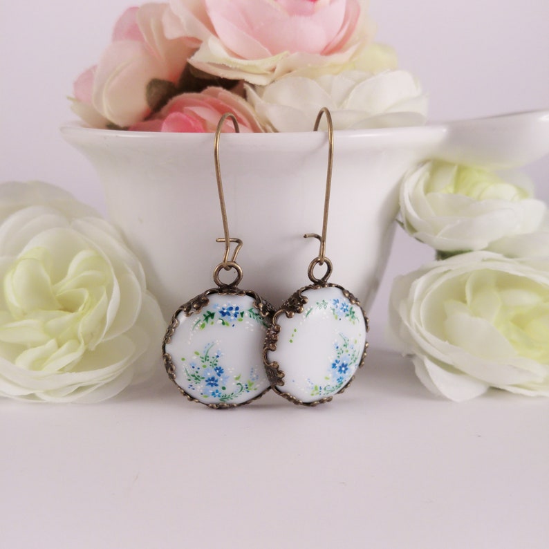 Porcelain earrings with blue flowers, hand-painted earrings, Japanese porcelain original, gift for flower lovers, portugal title jewelry zdjęcie 8