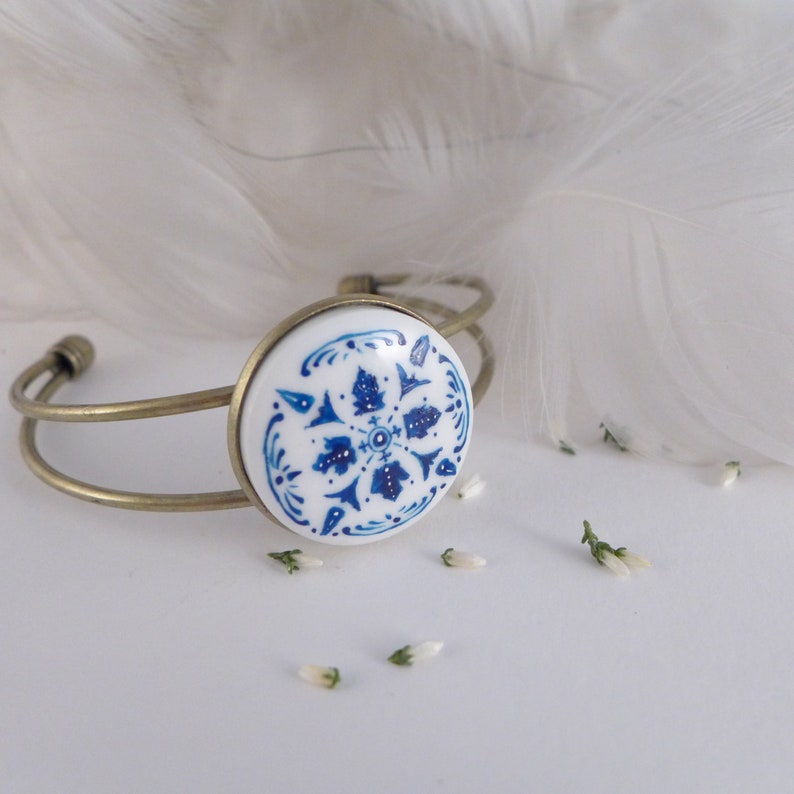 Hand-painted porcelain bracelet with Azulejo, Portuguese tiles style, summer ceramic jewelry , handmade jewelry, gift for boho lover zdjęcie 8