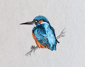 Kingfisher Miniature illustration, original watercolor artwork with bird, gift for bird lover, mini wall art, miniature painting