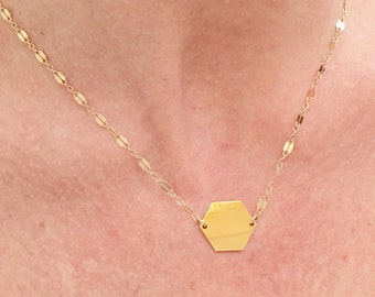 The Piper Necklace// Gold Filled 14kt 14K Hexagon Necklace with Delicate Bar Chain