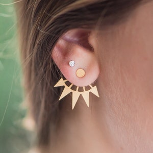 Gold Geometric Spike Ear Jacket // Stud Earring with Geometric Ear Nut // Edgy Gold Earring // Post Earrings with Geometric Ear Climber // E