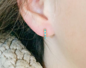 Turquoise Huggie Hoop Earrings / Dainty Turquoise Hoops / Gold and Turquoise Hoops / Pave Turquoise Hoops / Gold and Turquoise Jewelry Ear