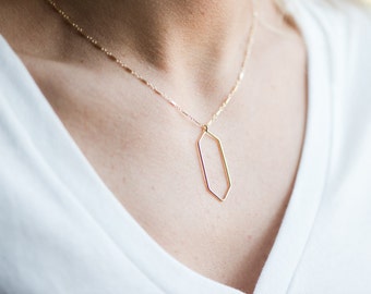Gold Filled Elongated Hexagon Necklace on Gold Filled Bar Link Chain