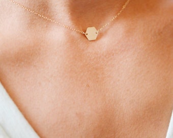 Tiny Hexagon Charm Necklace // 14k Gold Geometric Necklace // Delicate Gold Necklace