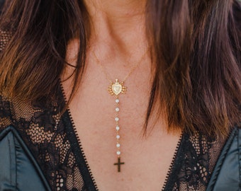 Cross and Heart Rosary Necklace, Rosary Lariat, Opal Rosary Necklace, Heart Rosary Necklace