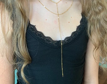 Rhett Necklace, Gold Layered Necklace, Gold Lariat Necklace, Gold Y Necklace, Double Necklace, Waterproof Jewelry, Stainless Shimmer Chains