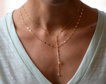 14K Gold Sequined Disc Layering Necklace // The Chandler Lariat with Ethiopian Opals