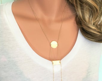 Gold Disc Necklace // Hammered Disc and Tag Necklace // Double Disc Circle Necklace // Gold Hammered Necklace // Gold Filled Necklace