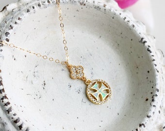 Opal Cross Necklace / Cross and Clover Crystal Necklace / Tiny Cross Necklace / Tiny Clover Necklace / Gold and Crystal Jewelry / Maltese