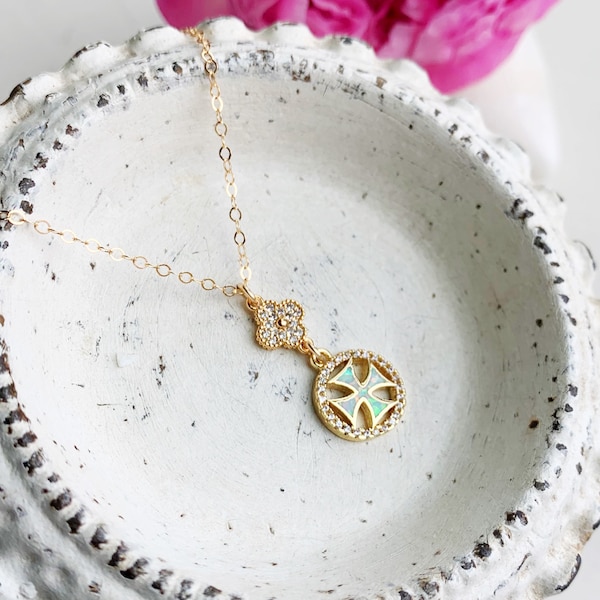 Opal Cross Necklace / Cross and Clover Crystal Necklace / Tiny Cross Necklace / Tiny Clover Necklace / Gold and Crystal Jewelry / Maltese