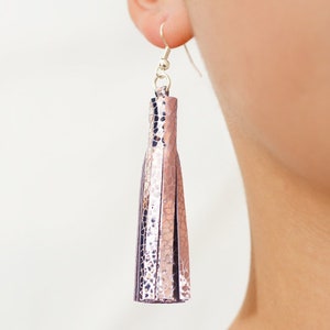 Shimmery Pink Tassel Earrings Metallic Mirror Mosaic Foil Leather on Silver Plated or Sterling Silver