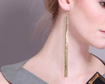 Simple Extra Long Gold Bar Earrings - Genuine Metallic Foil Leather