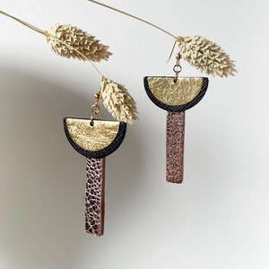 Handmade Gold Half Moon Earrings, Geometric Drop Earrings, Metallic Pink Leather