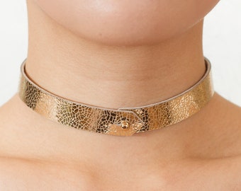 Foiled Leather Gold Choker, Metallic Gold Leather Cuff