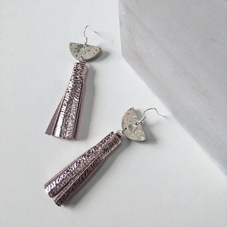 Silver Pink Tassel Earrings Half Moon Earrings Concrete Look Etsy UK