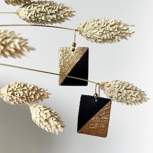 Black & Gold Minimalist Earrings Saffiano Metallic Foiled Genuine Leather Geometric Triangle and Rectangle Earrings