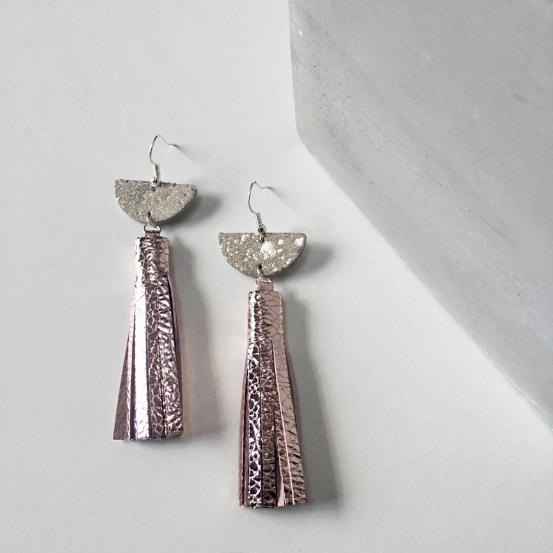 Silver Pink Tassel Earrings Half Moon Earrings Concrete Look Etsy UK