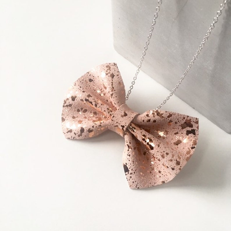 Pink Copper Bow Necklace Foil Suede Leather Rose Gold Bow Tie image 1