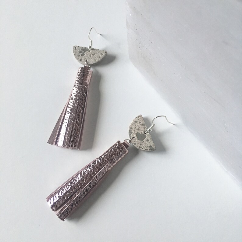 Silver Pink Tassel Earrings Half Moon Earrings Concrete Look Etsy UK