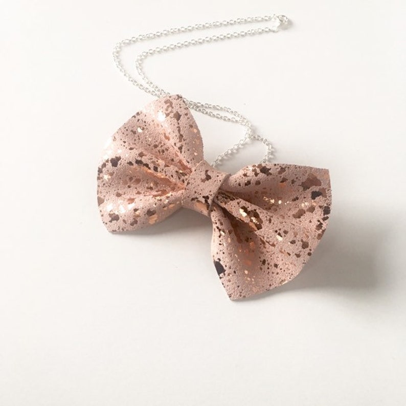 Pink Copper Bow Necklace Foil Suede Leather Rose Gold Bow Tie image 2