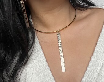Simple Gold Choker Necklace With Leather Rectangle Drop Pendant