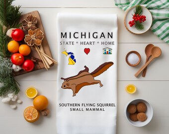 Michigan State Symbol Tea Towel with Southern Flying Squirrel, Animal and Nature inspired Tea Towel, Michigan Tea Towel, Squirrel Tea Towel