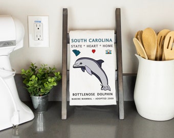 South Carolina State Symbol Tea Towel with Bottlenose Dolphin, Animal and Nature Tea Towel, Dolphin Tea Towel, South Carolina Tea Towel