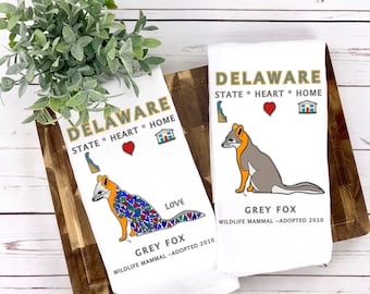 Delaware State Symbol Tea Towel with Grey Fox, Animal and Nature inspired Tea Towel, Delaware Tea Towel, Grey Fox Tea Towel (2 variations)