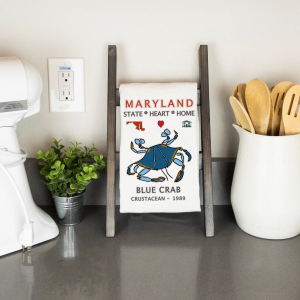 Maryland State Symbol Tea Towel with Blue Crab, Animal and Nature inspired Tea Towel, Maryland Tea Towel, Blue Crab Tea Towel