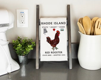 Rhode Island State Symbol Tea Towel with Red Rooster, Animal and Nature inspired Tea Towel, Rhode Island Tea Towel, Red Rooster Tea Towel