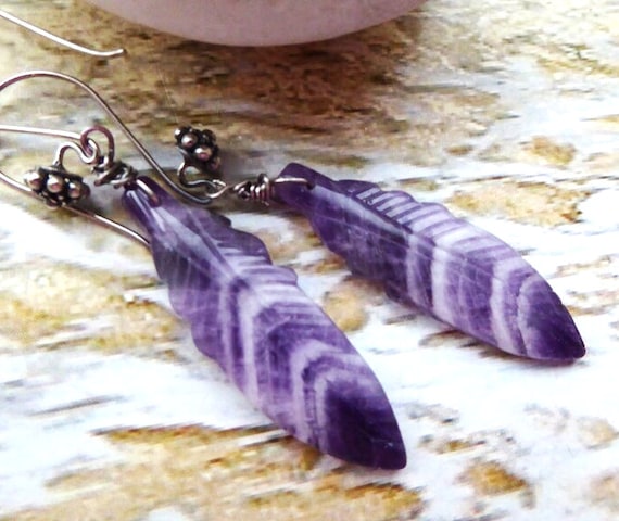 Cape Amethyst, Chevron Amethyst, Amethyst Earrings, Drop Earrings, Februarys Earrings, Leaf Earrings, Carved Amethyst