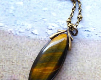 Tigers Eye Pendant, Tiger Stone, Marquise cut, golden tiger eye