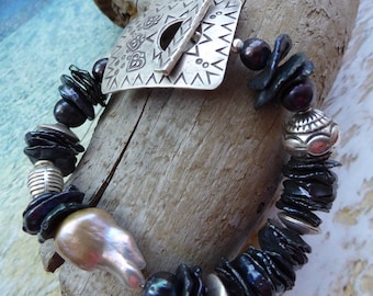 Black Keshi Pearl, Black Pearl Bracelet, Pearl Bracelet, Baroque Pearl,