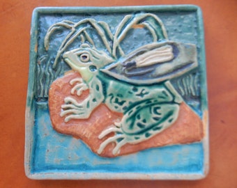 Ceramic Art Tile 6"x6" Alaskan Tribal Frog Unique Handpainted Trivet Wall M43 