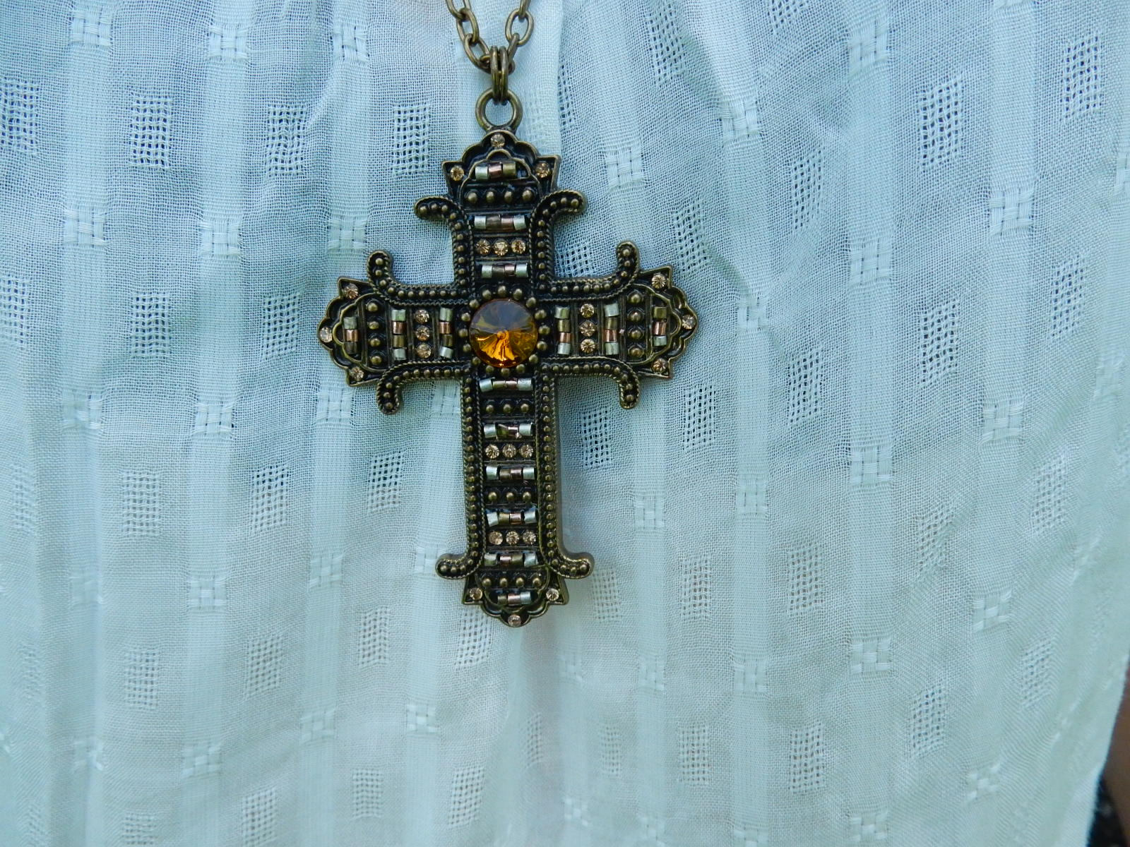 Vintage Costume Jewelry Cross. Rhinestone and Metallic Beads