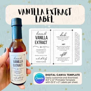 May include: Printable template for a vanilla extract label. The label is white with black text and includes instructions for shaking, using, and refilling the extract. The text on the label reads "Homemade Vanilla Extract", "5oz", "Ingredients: Vodka & Madagascar Vanilla Beans", "Bottled | Month Year", "Made with love by", "Shake", "Use", "Refill", and "Digital Canva Template".