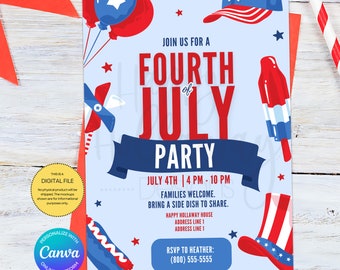 Editable 4th of July Party Invitation Template | Patriotic Digital Download | 5x7 Printable Invitation