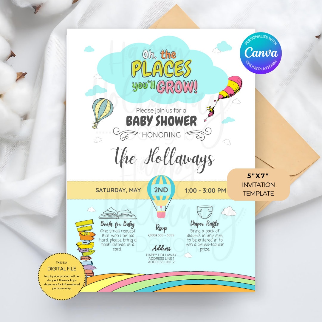 Dr. Seuss Baby Shower Invitation Template - Oh The Places You'll Grow  5" x 7" - EDITABLE