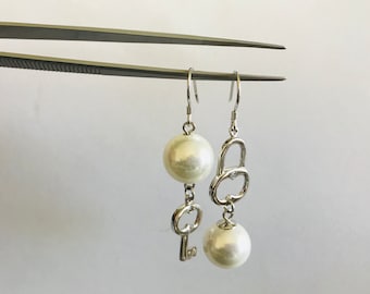 Lock Earrings Uneven Earrings Sterling Silver Earrings Earrings CZ Earrings 925 Earrings CZ Drop Earrings Key Earrings Cute