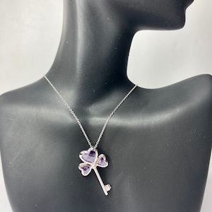 Sterling Silver KEY Necklace, 925 Key Necklace, Amethyst CZ key Necklace, Heart Key Necklace, Heart Key CZ Necklace, Silver Heart Necklace