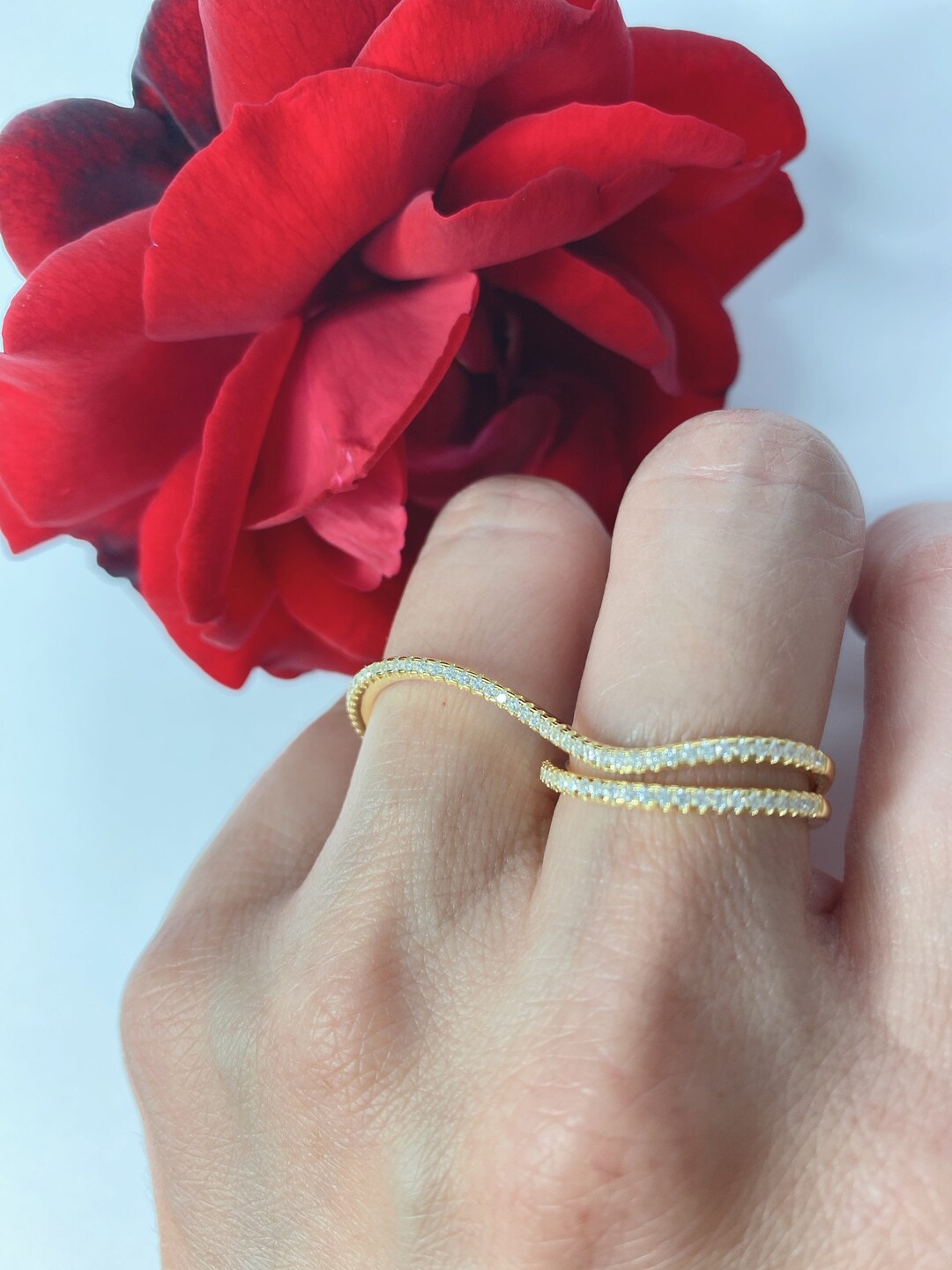 Yellow Gold Plated, Two Finger Ring, Double Finger Ring, Sterling Silver Ring, High Quality CZ