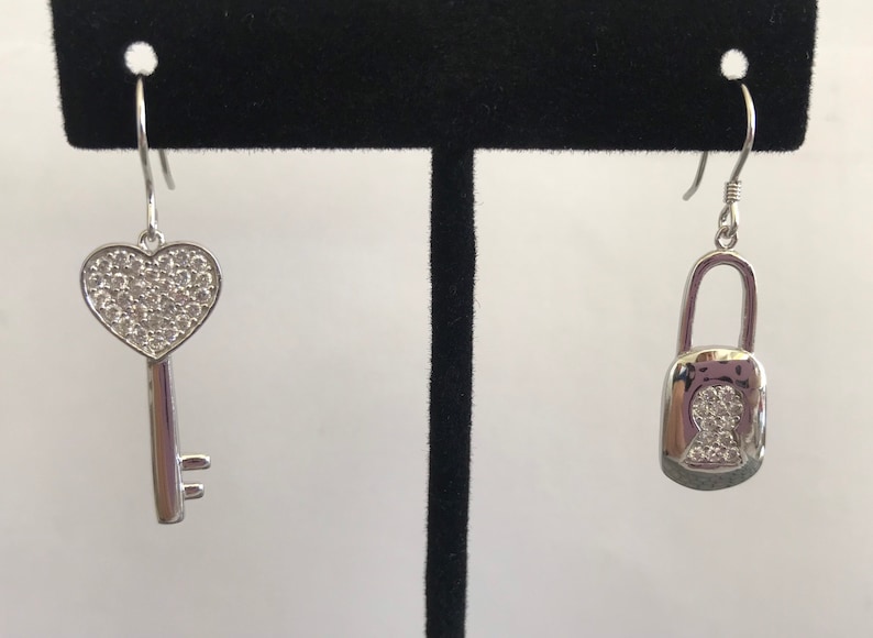 Lock Earrings Uneven Earrings Sterling Silver Earrings Earrings CZ Earrings 925 Earrings CZ Drop Earrings Key Earrings Cute